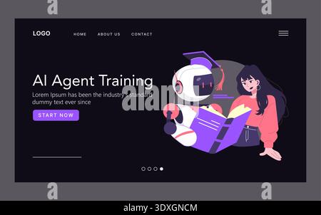 Vector illustration of AI training concept featuring a robot and a woman. The robot reads a book while the woman observes, representing technology and education in a digital age. Stock Vector