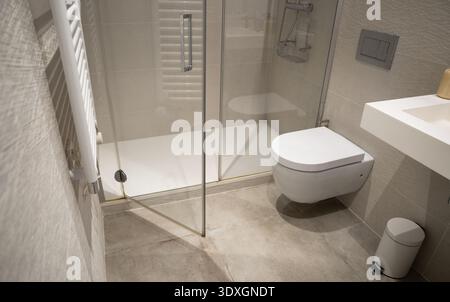 Creating a warm and inviting atmosphere in a bright, contemporary bathroom with a floating toilet, modern sink, glass shower, and white towel warmer Stock Photo