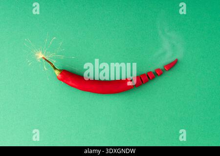 Red chili pepper with burning sparkler fuse on green background. Explosive hot and spicy food concept. Flat lay. Stock Photo