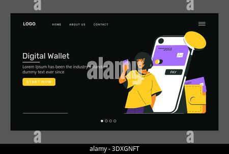 Vector illustration depicting a digital wallet concept with a person interacting with a smartphone, highlighting mobile payment features and a secure transaction process on a website interface. Stock Vector