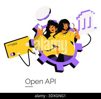 Vector illustration of an open API theme with two individuals interacting with technology. Includes elements like a credit card, gears, and a building icon, highlighting connectivity and security. Stock Vector