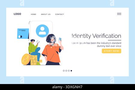 Vector illustration showing two people interacting with online identity verification elements. One is seated with financial symbols, while another holds a smartphone, signifying digital security. Stock Vector