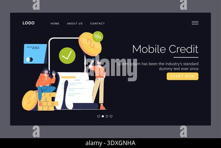 Vector illustration of two people interacting with a mobile credit system. Features a phone with a checkmark, credit card, and coins. Highlights digital finance and online transactions. Stock Vector