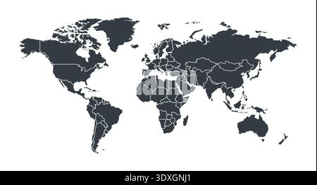 World map shape with country borders isolated on white background. Vector graphics. Stock Vector