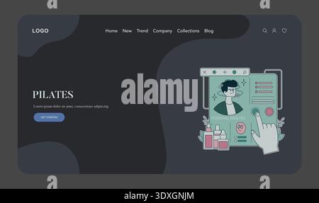 Vector illustration depicting a personal analysis dashboard interface. A hand interacts with the digital layout containing data elements and a portrait, emphasizing user engagement and tech design. Stock Vector