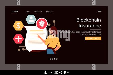 Illustration of a woman pointing at blockchain insurance documents on a digital interface. Various icons representing security and financial elements surround her. Vector illustration. Stock Vector