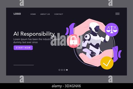 Vector illustration depicting AI responsibility concept with a robot surrounded by icons representing justice and security. Emphasizes ethical use and safety in AI technology. Stock Vector