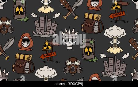 Vector post-apocalyptic doodle pattern. Radioactive fallout. Texture with a gas mask, explosion, and destroyed city on dark background. Wallpaper back Stock Vector