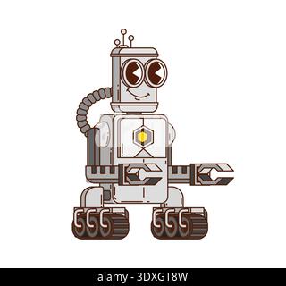 Cartoon groovy robot character with tracked base Stock Vector