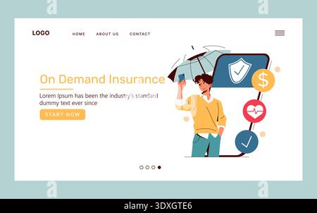 Vector illustration depicting a person in a yellow sweater using a mobile phone under an umbrella, promoting on-demand insurance services with highlighted icons of coverage benefits. Stock Vector