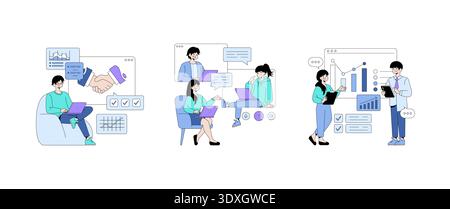 Vector illustration depicting team communication and collaboration through digital devices. Features individuals discussing ideas, analyzing data, and working on laptops in a business context. Stock Vector