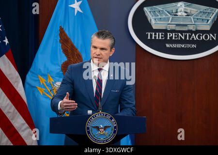 WASHINGTON DC, USA - 02 March 2026 - US Secretary of War Pete Hegseth and Chairman of the Joint Chiefs of Staff U.S. Air Force General Dan Caine conduct a press briefing on Operation Epic Fury at the Pentagon, Washington, D.C., 2nd March 2026 as the conflict with Iran continues - Photo: Geopix/DoW/Madelyn Keech Stock Photo