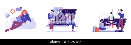Vector illustration depicting tech innovations with a woman working on cloud computing, a man analyzing data, and a team witnessing a startup rocket launch. Creative and dynamic concepts. Stock Vector
