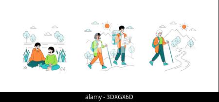 Vector illustration depicting a group of people enjoying a hiking trip. Some are seated and relaxing, while others actively hike with maps and walking sticks, illustrating a tranquil outdoor adventure. Stock Vector