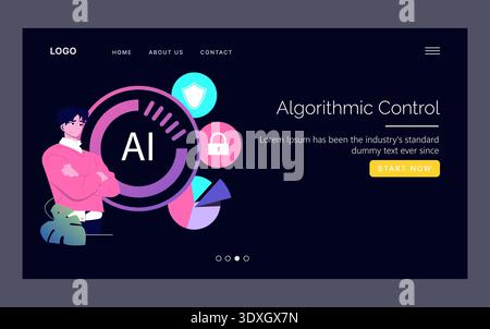 Vector illustration featuring a man confidently standing beside AI-themed graphics, including digital icons depicting algorithmic control. Ideal for technology and artificial intelligence concepts. Stock Vector