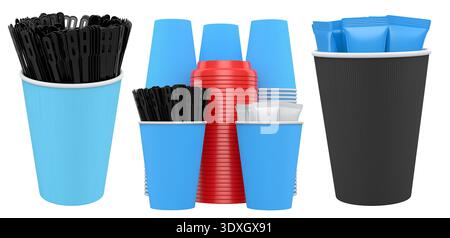 Set of takeaway coffee cups with plastic lids, stirrers, and sugar sachets isolated on white background. Concept of beverage service Stock Photo