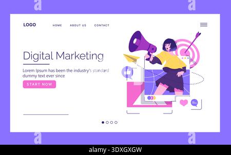 Vector illustration of digital marketing concept featuring a figure holding a megaphone. Includes icons representing social media engagement like likes and comments. Stock Vector