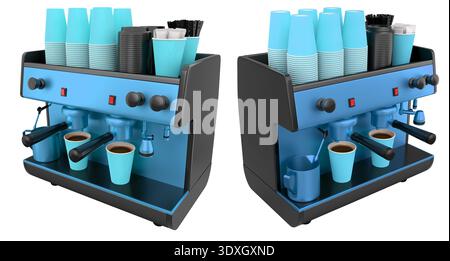Set of colorful espresso coffee machines with matching cups, isolated ...