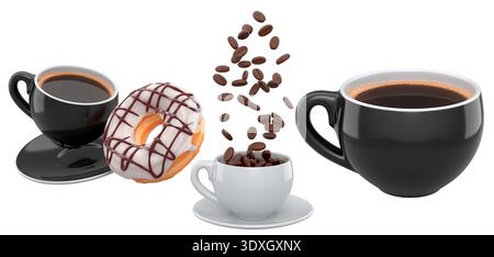 Assortment of coffee cups in various colors with frosted donuts, isolated on white background, concept of sweet breakfast treat Stock Photo