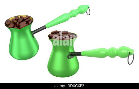 Set of colorful cezve coffee pots filled with coffee beans, isolated on white background, symbolizing coffee culture Stock Photo