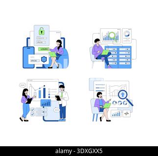 Vector illustration set featuring professionals engaged in data analysis and security tasks. Includes login security, data evaluation, teamwork, and growth analytics concepts. Stock Vector