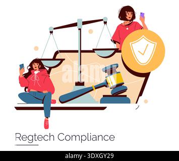 Vector illustration showcasing regtech compliance. Features two people using smartphones with a focus on justice symbols, such as scales, a gavel, and a protective shield icon. Stock Vector