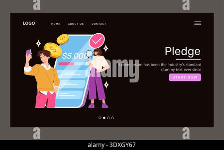 Vector illustration of two people interacting with a large digital screen displaying financial details. They engage with the display using a smartphone and magnifying glass, focusing on pledges. Stock Vector