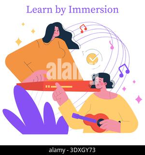 Vector illustration of two people learning music by immersion. One plays a ukulele while the other reads a book. Musical notes and symbols surround them, suggesting an immersive learning experience. Stock Vector