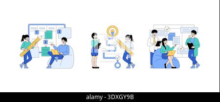 Vector illustration depicting a team collaborating on project planning, using digital tools and flowcharts. The image shows teamwork and organization in a digital workspace setting. Stock Vector