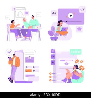 Vector illustration depicting online learning and quizzes. Scenes show people engaged in virtual lessons, watching educational videos, and interacting with quizzes, highlighting digital education. Stock Vector