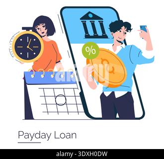 Vector illustration depicting payday loan concept with a man holding a coin and a woman holding a clock. The image symbolizes quick cash access, financial urgency, and online transactions. Stock Vector