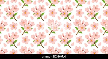 Seamless pattern of pink cherry blossom branches and petals in flat vector style. Sakura flowers pattern. Great for spring textiles, romantic wallpaper, and floral scrapbooking. Vector illustration Stock Vector