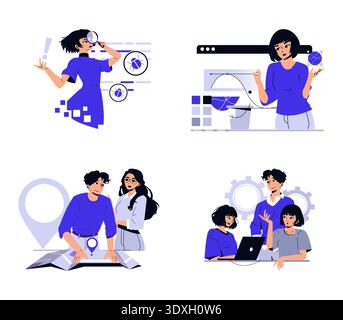 Set of vector illustrations showing teamwork and collaboration in business settings. Individuals are engaged in activities like bug fixing, design, location planning, and project discussion. Stock Vector
