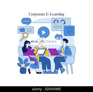Vector illustration of three colleagues collaborating on laptops for a corporate e-learning module. Visual elements like graphs and icons enhance the business learning concept. Stock Vector