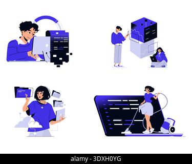 Vector illustration set depicting people engaging in digital work. Scenes include a person working on a laptop, team collaboration, cloud computing, and data management. Ideal for tech presentations. Stock Vector
