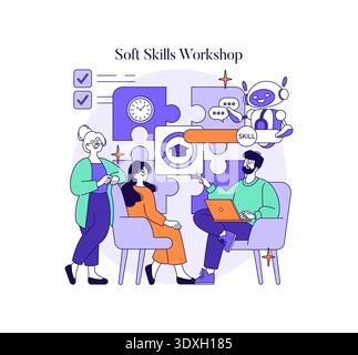 Vector illustration of a soft skills workshop with diverse participants engaged in interactive activities. Icons of communication, time management, and teamwork highlight workshop themes. Stock Vector