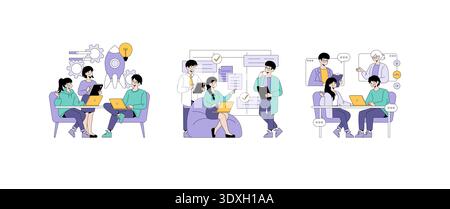 Vector illustration depicting a modern office setting with team members collaborating on digital devices. Includes diverse teamwork activities, brainstorming, and planning sessions. Stock Vector