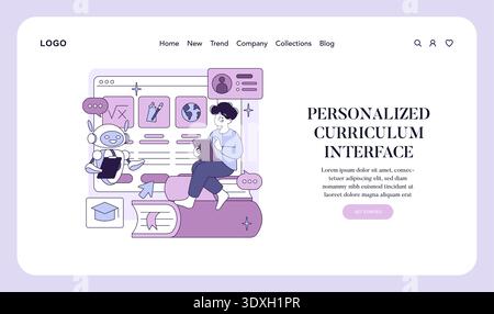 Vector illustration of a personalized curriculum interface featuring a person with a tablet interacting with an AI assistant. Educational elements and icons are displayed on the screen. Stock Vector