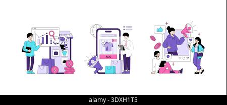 Vector illustration showcasing digital marketing strategy through social media engagement, online advertising, and data analysis. Individuals interact with digital devices, charts, and icons. Stock Vector