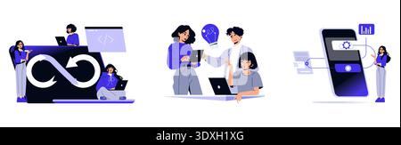 Vector illustration showing a group of people working on DevOps tasks, brainstorming ideas, and designing a mobile interface. Engaged team discussions enhance productivity and innovation. Stock Vector