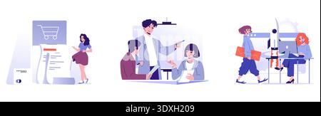 Vector illustration depicting a shopping scene, team collaboration with presentation, and a startup launch. People engage in tasks like shopping, discussing ideas, and planning project launches. Stock Vector