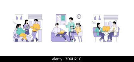 Office-themed vector illustration depicting three scenarios: colleagues chatting over coffee, team members collaborating on a couch with laptops, and a pair working together at a desk. Stock Vector