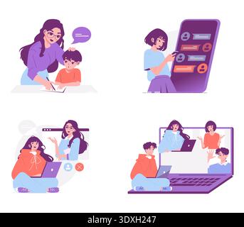 Set of vector illustrations depicting online learning and tutoring scenes. Includes teacher helping a student, people interacting with devices, and group video call. Perfect for educational content and digital platforms. Stock Vector