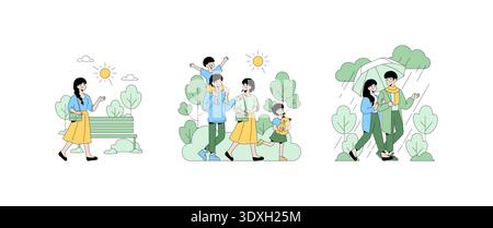 Adorable vector illustration featuring a family enjoying a sunny stroll in the park and a couple sharing an umbrella in the rain. Emphasizes outdoor activities and bonding moments. Stock Vector