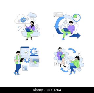 Vector illustration set depicting teamwork and workflow management with individuals interacting with gears, laptops, and code elements. Concept focuses on collaboration and technology. Stock Vector