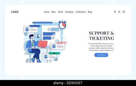 Customer support agent in a modern ticketing system interface vector illustration. Features chat bubbles, notifications, and task status indicators, emphasizing efficiency and communication. Stock Vector