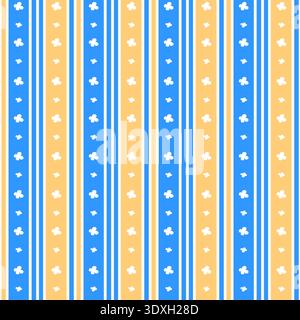 Bright pattern in vertical blue and orange stripes, decorated with flowers. Vector seamless print in a Scandinavian style for printing, wallpaper, childrens textiles. A cute and simple pattern. Stock Vector