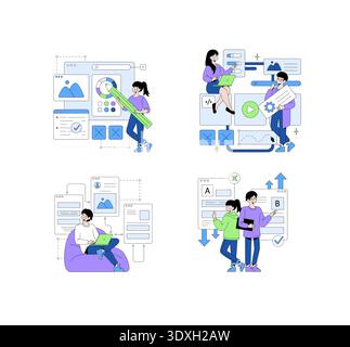 Vector illustration of people engaged in web design activities, including interface creation, coding, and A B testing. Perfect for digital marketing, teamwork, and tech-related concepts. Stock Vector