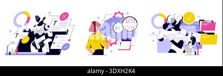 Vector illustration showcasing AI integration with technology. Features a robot evaluating data, a woman interacting with AI, and a robot managing documents, symbolizing collaboration. Stock Vector