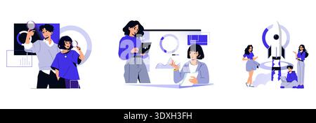 Vector illustration depicting teamwork and innovation with people collaborating, analyzing data, and launching a rocket. Emphasizes collaboration, technology, and creativity in a digital workspace. Stock Vector